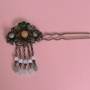 Vintage Jadeite Beads & Water-drop Glass Beads Dangling Hair Pin